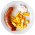 Fried butifarra sausages with fried potato slices are served on plate