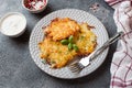 Fried cakes of grated potatoes on the plate with sauce. Traditional pancakes boxty raggmunk