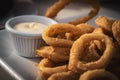 Fried calamares with alioli close-up