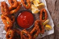 Fried calamari close-up on a table, and tomato sauce. horizontal Royalty Free Stock Photo