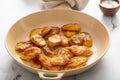 Fried caramelized plantains in a pan Royalty Free Stock Photo