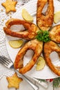 Fried carp fish slices on a white plate, top view. Traditional christmas eve dish.