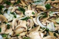 Fried champignons, mushrooms, close-up background Royalty Free Stock Photo