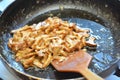 Fried chanterelle mushrooms recipe. Sauteed Chanterelle Mushrooms Cantharellus cibarius Frying Pan Royalty Free Stock Photo