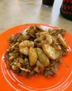 Fried char kuey teow garnished with shrimp and fishball Royalty Free Stock Photo