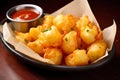 Fried cheese curds with tomato sauce and chives on wooden table