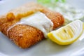 Fried cheese, mayonnaise, parsley ,lemon, plate