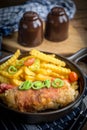 Fried chicken breast stuffed with mushrooms and cheese wrapped in ham served with fries and salad Royalty Free Stock Photo