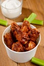 Fried chicken, celery and mayonnaise dip on wooden background Royalty Free Stock Photo