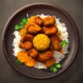 Fried chicken chips with rice and vegetable garnish ai Generated, generative AI, CGI graphics