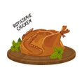 Fried chicken. Cooked whole chicken on a round wooden cutting board. Simple flat style vector illustration on white