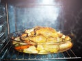 Fried chicken dish with potato view inside oven Royalty Free Stock Photo