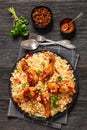 fried chicken drumsticks over rice pilaf, top view Royalty Free Stock Photo