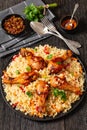 fried chicken drumsticks over rice pilaf, top view Royalty Free Stock Photo