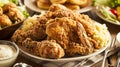 Fried chicken drumsticks on a white round plate, closeup. Side view. Ai Generative