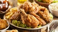 Fried chicken drumsticks on a white round plate, closeup. Side view. Ai Generative