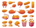 Fried chicken. Fast food snacks fried wings of chicken and hen legs exact vector illustrations of different tasty Royalty Free Stock Photo