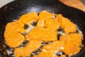 Fried chicken fillet, breaded in a pan Royalty Free Stock Photo