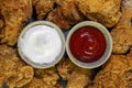 Fried chicken flat photography with ketchup and garlic dip filled view