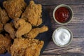 Fried chicken flat photography with ketchup and garlic dip