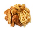 Fried chicken with frech fries, breaded drumsticks and nuggets isolated. Beer set
