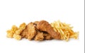 Fried chicken with frech fries, breaded drumsticks and nuggets isolated