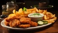 Fried chicken, French fries, and salad on a plate generated by AI Royalty Free Stock Photo