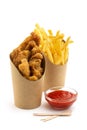 Fried chicken, fries and ketchup Royalty Free Stock Photo