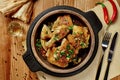 Fried chicken in garlic sauce with greens, shotis puri and chacha