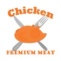 Fried chicken label, logo. Hen, fork, knife. Cartoon flat style