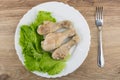 Fried chicken legs, leaves of lettuce in plate and fork