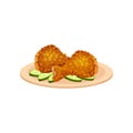 Fried chicken legs served with cucumbers on a plate, tasty poultry dish vector Illustration on a white background Royalty Free Stock Photo