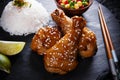 Fried chicken legs with teriyaki sauce sesame seeds and rice on black stone Royalty Free Stock Photo