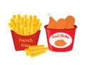 Fried chicken, legs, wings, french fries. Cartoon flat style. Vector Royalty Free Stock Photo