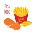 Fried chicken, legs, wings, french fries. Cartoon flat style. Vector Royalty Free Stock Photo