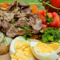 Fried chicken liver, chopped tomatoes with greens and boiled egg Royalty Free Stock Photo