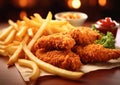 Fried chicken meal with french fries and sauce on fast food restaurant table.Macro.AI Generative