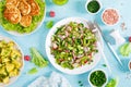 Fried chicken meat cutlets, fresh vegetable salad with radish, lettuce and cucumber, boiled new potato with butter, dill and green