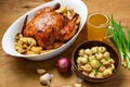 Fried chicken meat and roasted potatoes on a white platter, a glass of beer, champignon mushrooms and green onions, delicious food Royalty Free Stock Photo