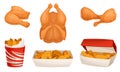 Fried Chicken Meat with Wings and Legs Poured in Baskets Vector Set