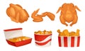 Fried Chicken Meat with Wings and Legs Poured in Baskets Vector Set