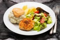 Fried chicken meatballs with boiled vegetables on white plate Royalty Free Stock Photo