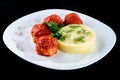 Fried chicken meatballs with glaze and mashed potato on the plat Royalty Free Stock Photo