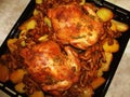 Fried chicken with mushrooms and potatoes