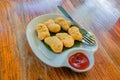 Fried chicken nuggets And tomato sauce on a white plate on a woo Royalty Free Stock Photo