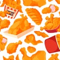 Fried chicken pattern. Seamless print of fast food fried drumstick and nuggets, cartoon crispy poultry food backdrop for