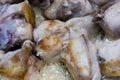 Fried chicken pieces on the pan with vegetable oil, meat products, cooking