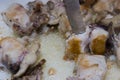 Fried chicken pieces on the pan with vegetable oil, meat products, cooking