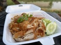 fried chicken with rice in foam box on wood background Royalty Free Stock Photo