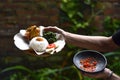 Fried chicken rice, vegetables and onion sauce Royalty Free Stock Photo